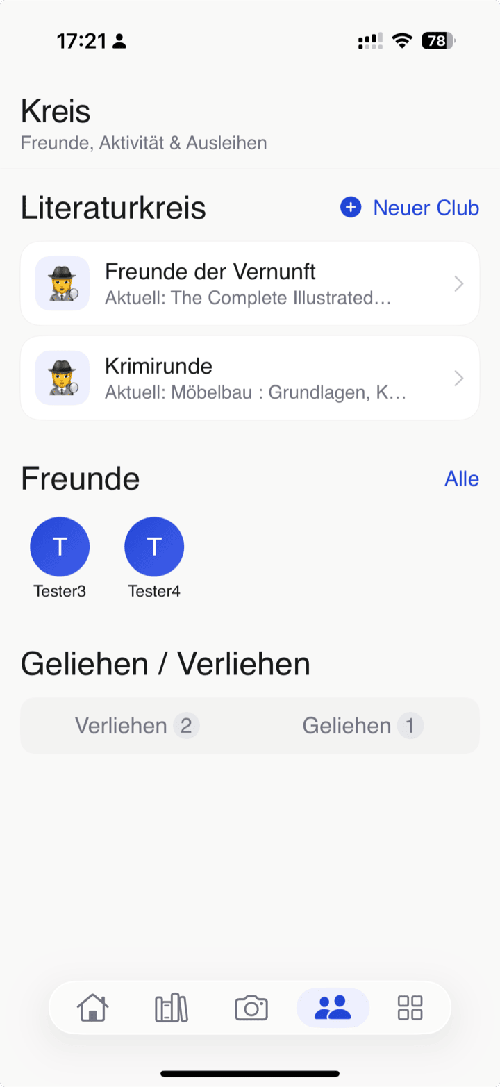 bksmrt Kreis-Tab: Übersicht der Literaturkreise, Freunde und verliehenen Bücher