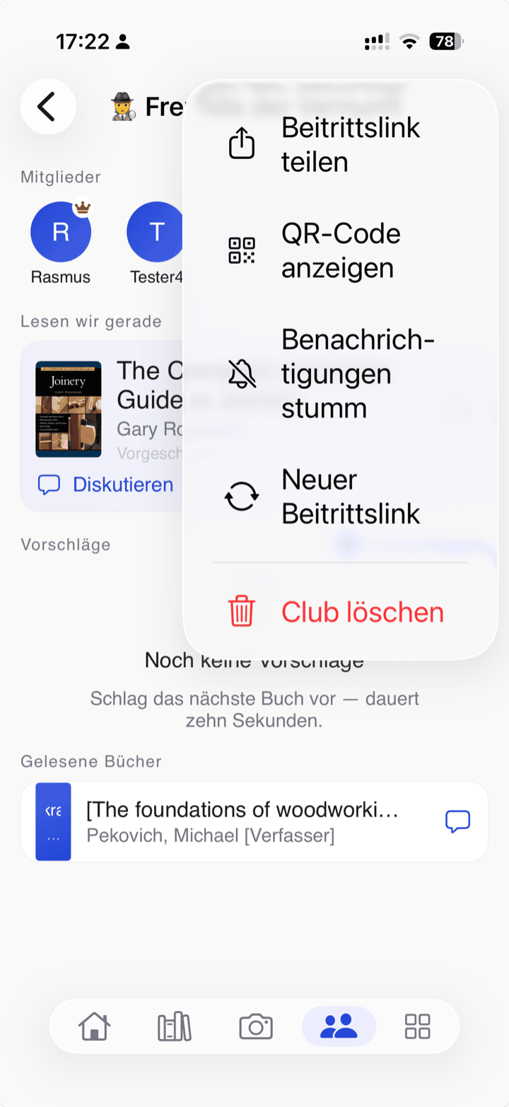 bksmrt Club-Menü: Beitrittslink teilen, QR-Code anzeigen, neuen Link erzeugen und Mitglieder verwalten