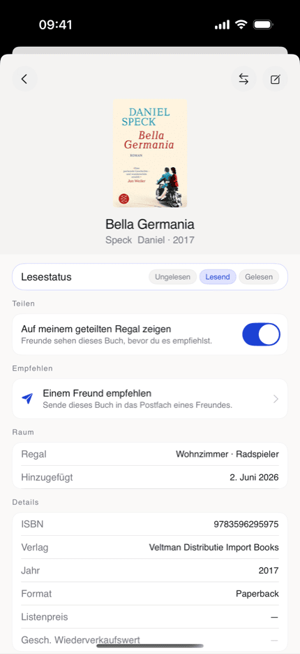 bksmrt Buchdetails mit Cover, Lesestatus, Teilen-Schalter, Empfehlen und Metadaten