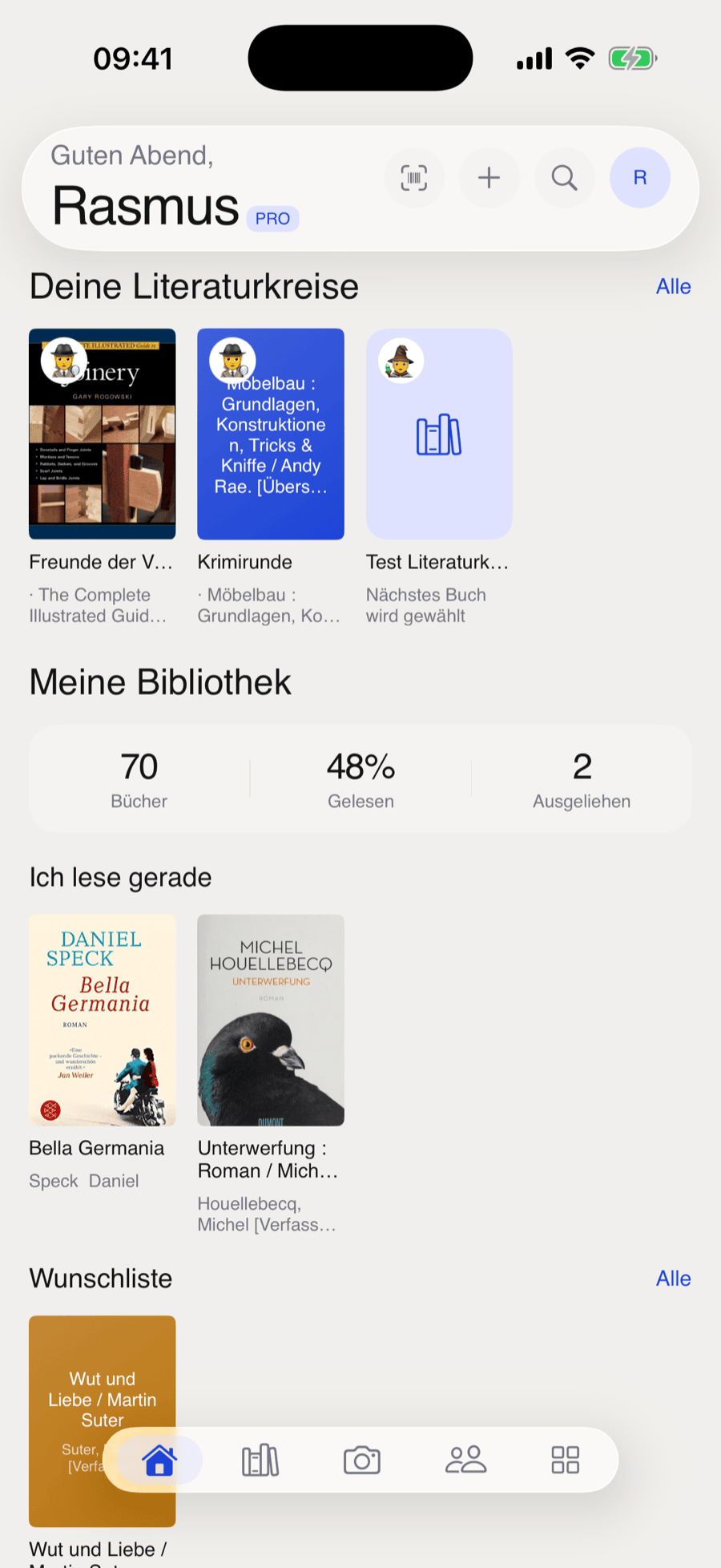 bksmrt Home-Screen mit schwebender Kopfzeile und den Bereichen „Deine Literaturkreise