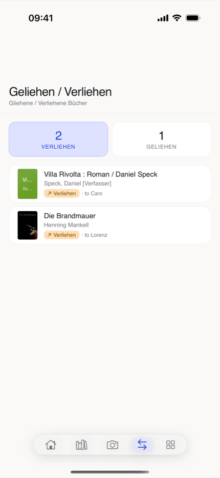 bksmrt Verleih-Tracker mit verliehenen und geliehenen Büchern samt Kontaktnamen