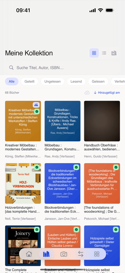 bksmrt Bibliothek als Cover-Raster mit Filter-Chips und Statussymbolen