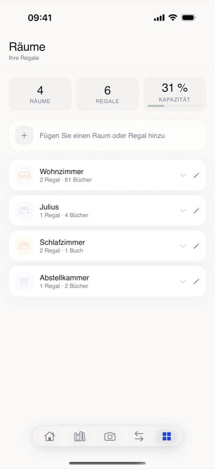 bksmrt Räume-Übersicht mit Raum-, Regal- und Kapazitätsstatistik
