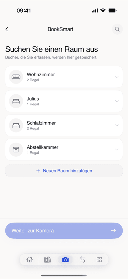 bksmrt Erfassen: Raum und Regal wählen, dann weiter zur Barcode-Kamera