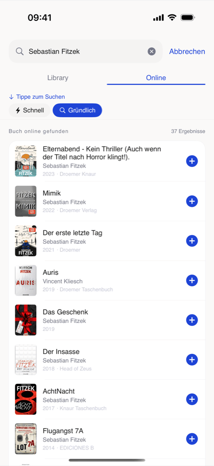 bksmrt Online-Suche mit Schnell- und Gründlich-Modus und Trefferliste aus mehreren Buch-Datenbanken
