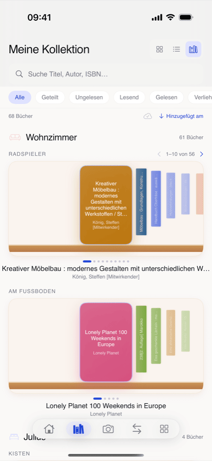 bksmrt Regalansicht: Bücher als Buchrücken mit fokussiertem Cover, gruppiert nach Raum und Regal